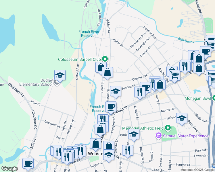map of restaurants, bars, coffee shops, grocery stores, and more near 65 North Main Street in Webster