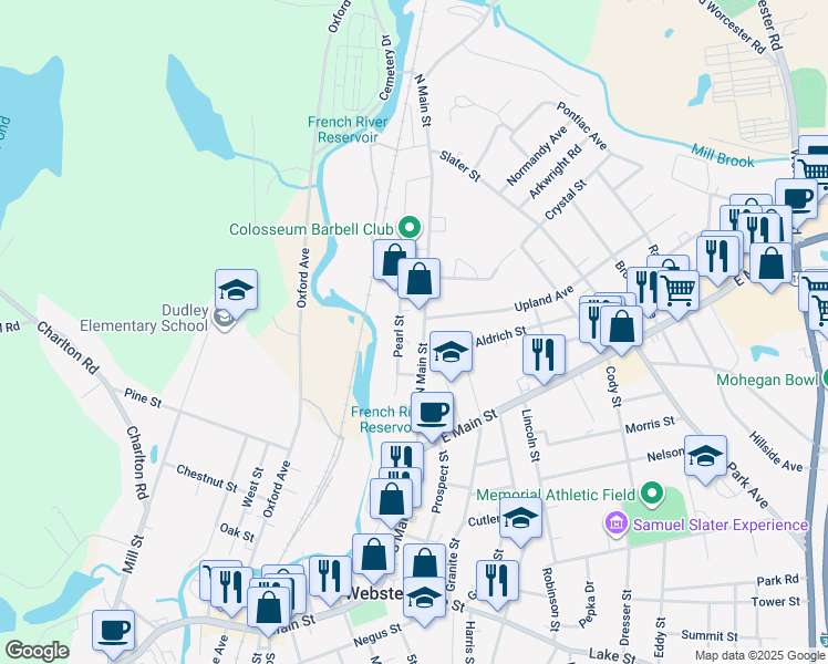 map of restaurants, bars, coffee shops, grocery stores, and more near 65 North Main Street in Webster