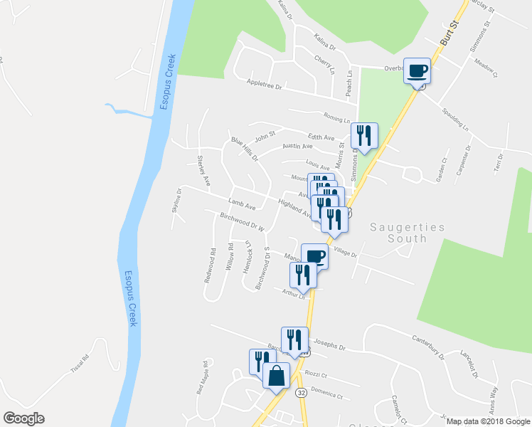 map of restaurants, bars, coffee shops, grocery stores, and more near 1 Cedar Lane in Saugerties
