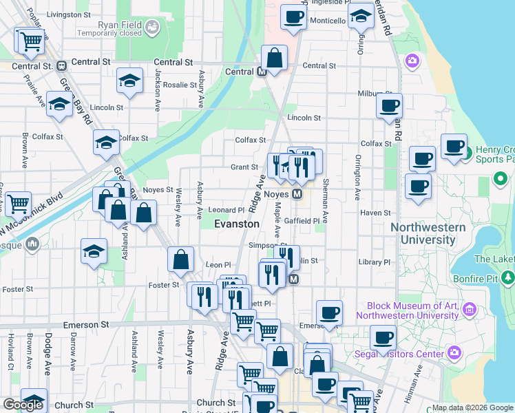 map of restaurants, bars, coffee shops, grocery stores, and more near 2145 Ridge Avenue in Evanston