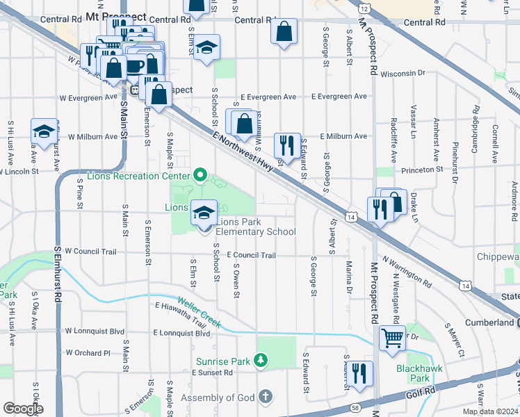 map of restaurants, bars, coffee shops, grocery stores, and more near 501 South William Street in Mount Prospect