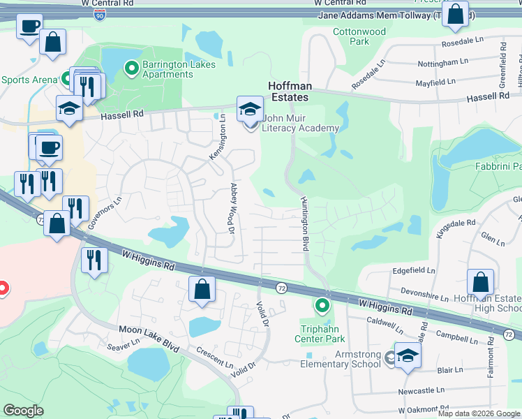 map of restaurants, bars, coffee shops, grocery stores, and more near 1840 Huntington Boulevard in Hoffman Estates