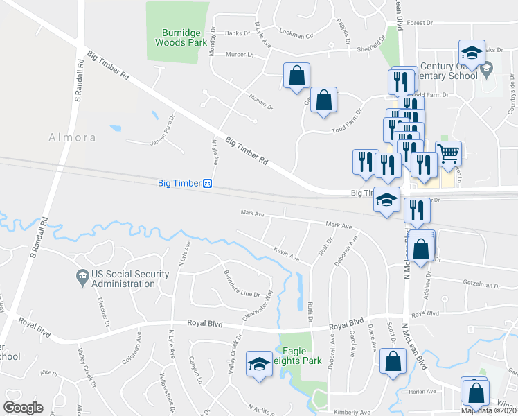 map of restaurants, bars, coffee shops, grocery stores, and more near 1879 Mark Avenue in Elgin