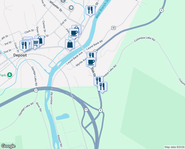 map of restaurants, bars, coffee shops, grocery stores, and more near 38 Oak Street in Deposit