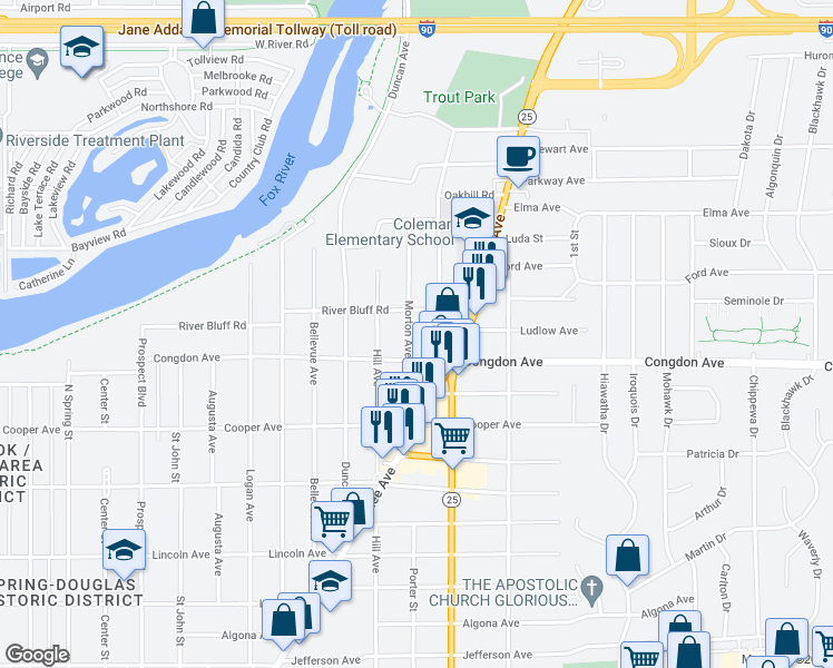 map of restaurants, bars, coffee shops, grocery stores, and more near 1121 Morton Avenue in Elgin
