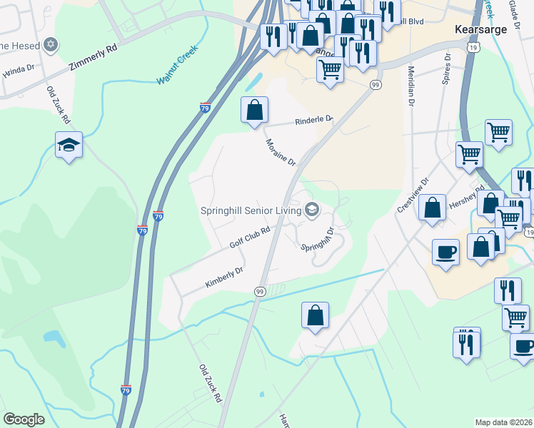 map of restaurants, bars, coffee shops, grocery stores, and more near 6147 Glen Eagles Drive in Erie