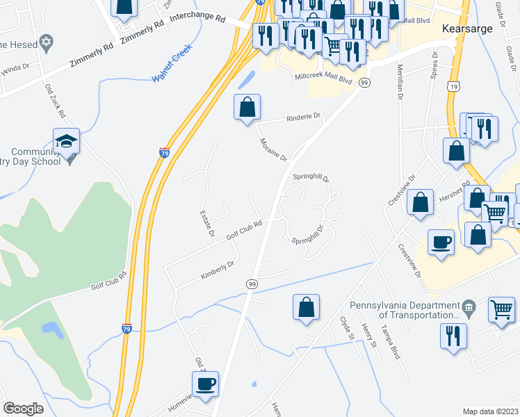 map of restaurants, bars, coffee shops, grocery stores, and more near 2436 Golf Club Road in Erie