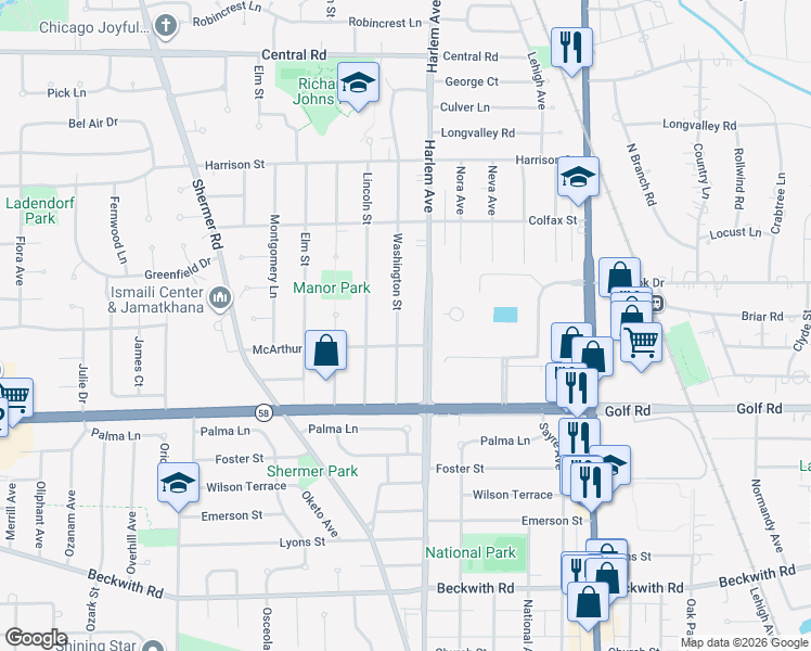 map of restaurants, bars, coffee shops, grocery stores, and more near 115 Washington Street in Glenview