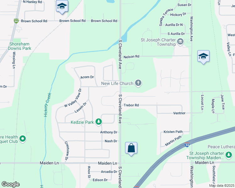 map of restaurants, bars, coffee shops, grocery stores, and more near 3347 South Cleveland Avenue in St. Joseph