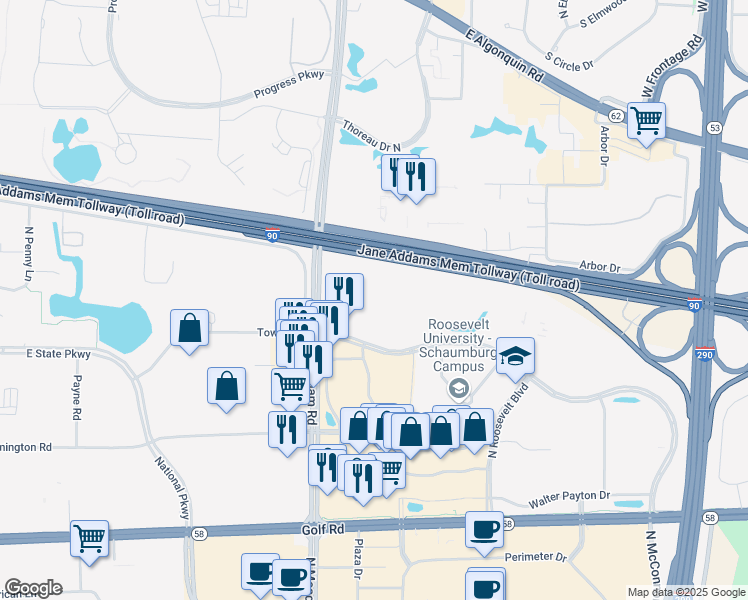 map of restaurants, bars, coffee shops, grocery stores, and more near 1500 McConnor Parkway in Schaumburg