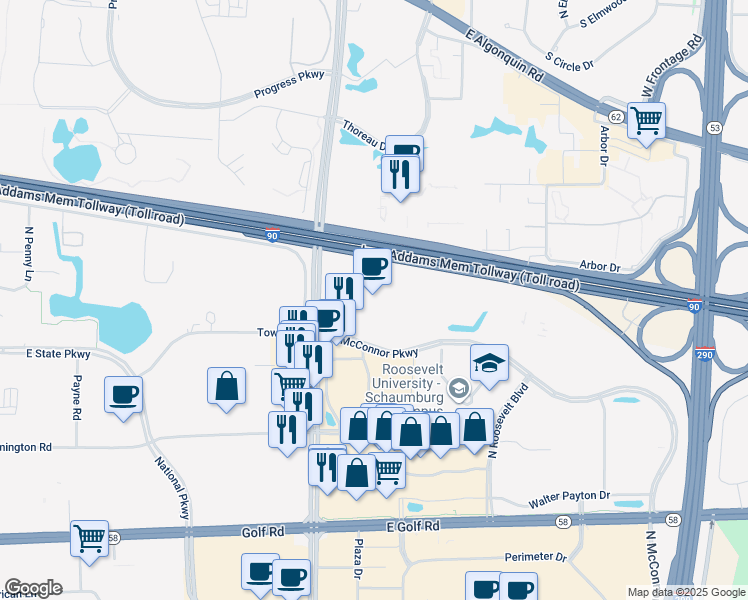 map of restaurants, bars, coffee shops, grocery stores, and more near 1500 McConnor Parkway in Schaumburg