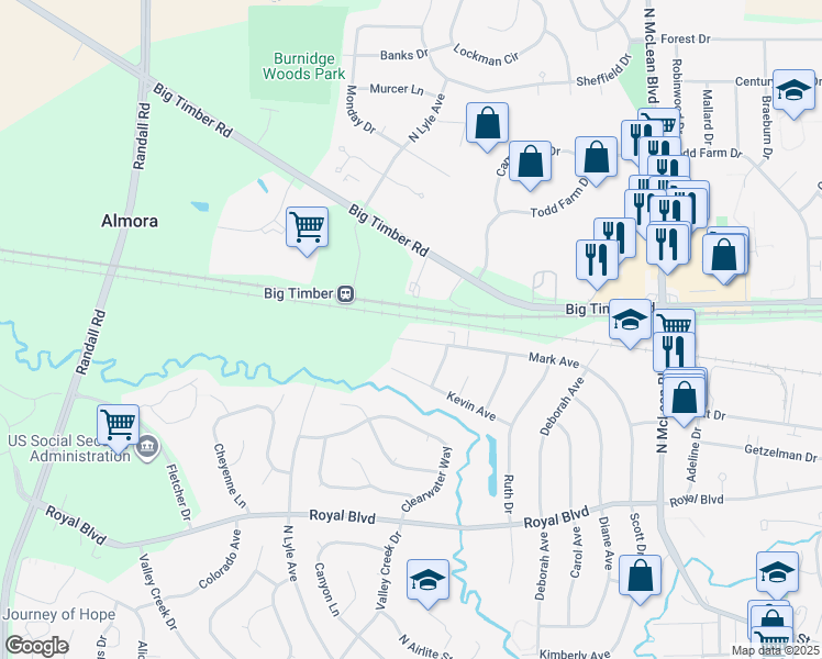 map of restaurants, bars, coffee shops, grocery stores, and more near 1940 Mark Avenue in Elgin
