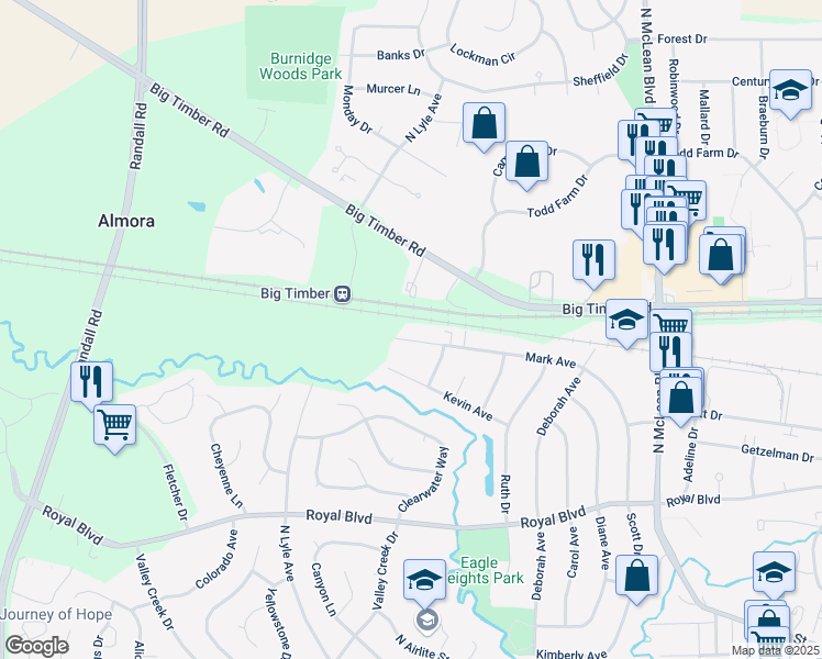 map of restaurants, bars, coffee shops, grocery stores, and more near 1920 Mark Avenue in Elgin