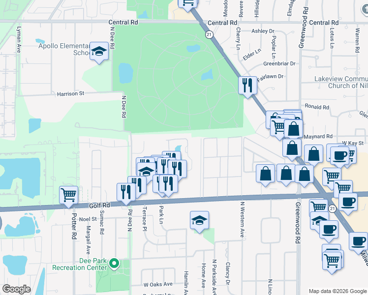 map of restaurants, bars, coffee shops, grocery stores, and more near 8915 West Heathwood Circle in Niles