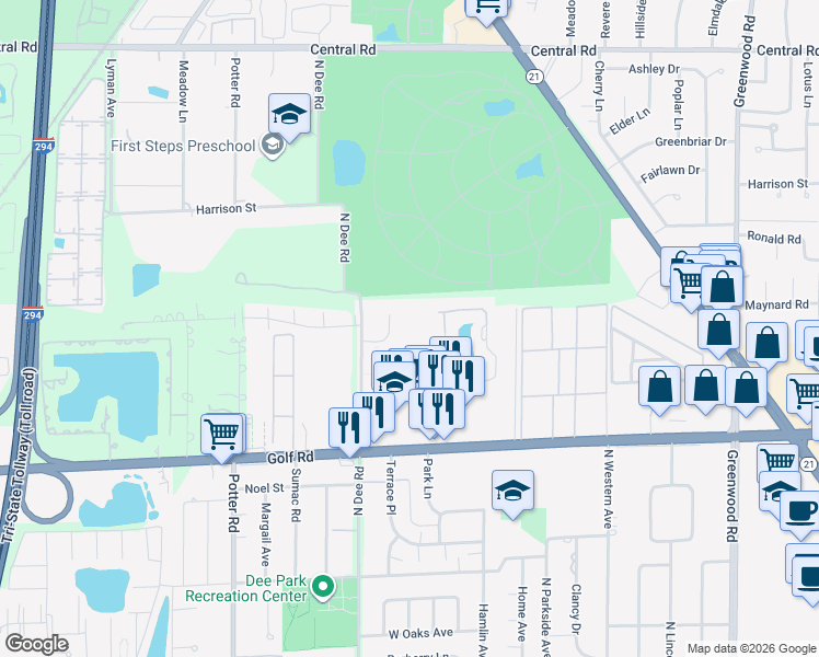 map of restaurants, bars, coffee shops, grocery stores, and more near 9118 Elmwood Drive in Niles