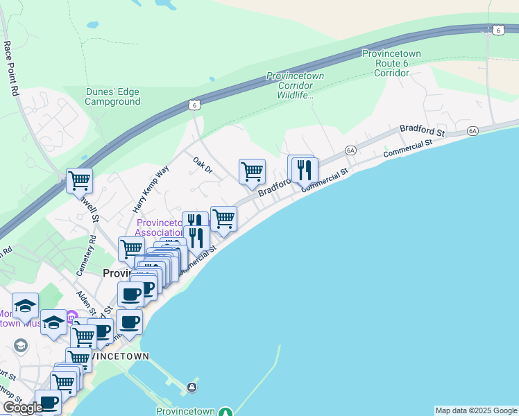 map of restaurants, bars, coffee shops, grocery stores, and more near 493 Commercial Street in Provincetown
