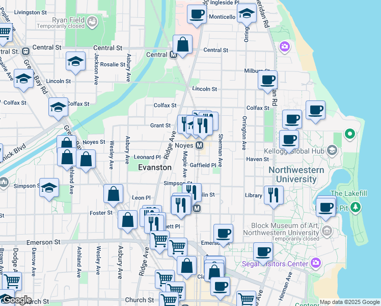map of restaurants, bars, coffee shops, grocery stores, and more near 911 Gaffield Place in Evanston