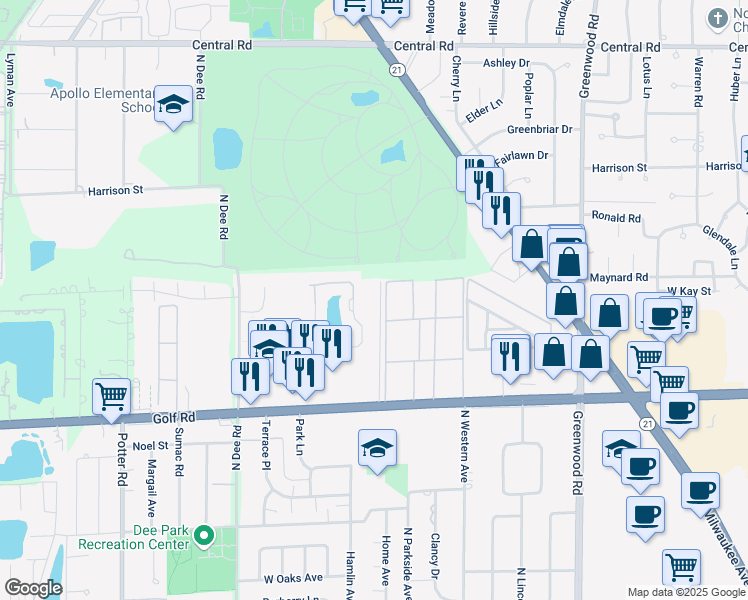 map of restaurants, bars, coffee shops, grocery stores, and more near 9646 Golf Terrace in Des Plaines