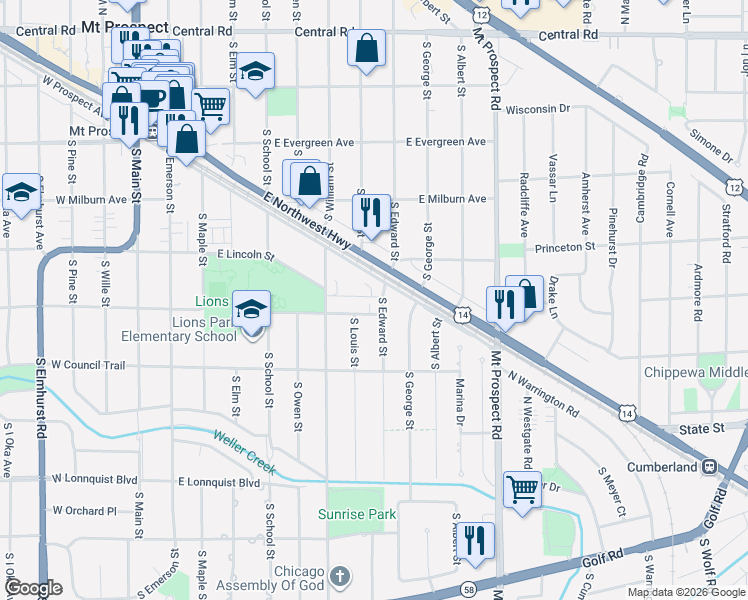 map of restaurants, bars, coffee shops, grocery stores, and more near 503 South Louis Street in Mount Prospect