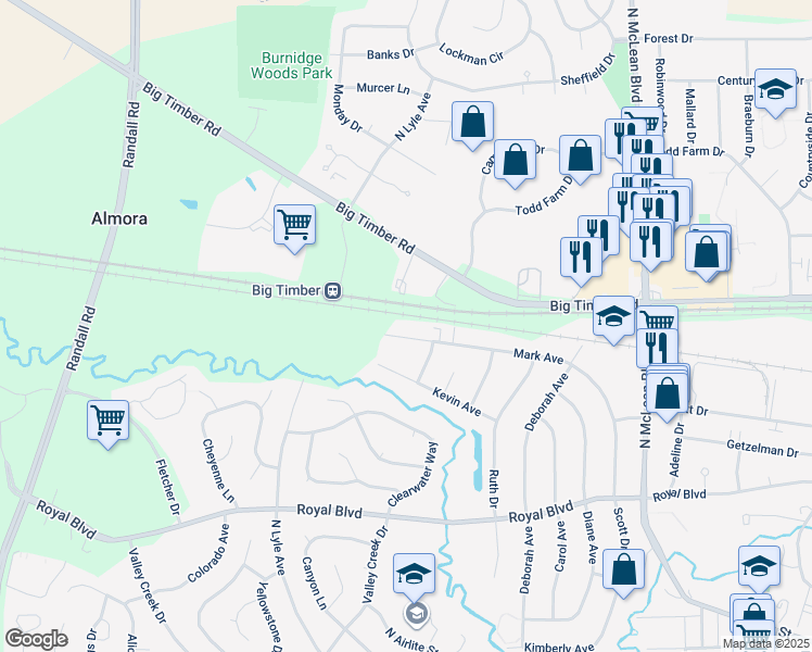 map of restaurants, bars, coffee shops, grocery stores, and more near 1879 Mark Avenue in Elgin