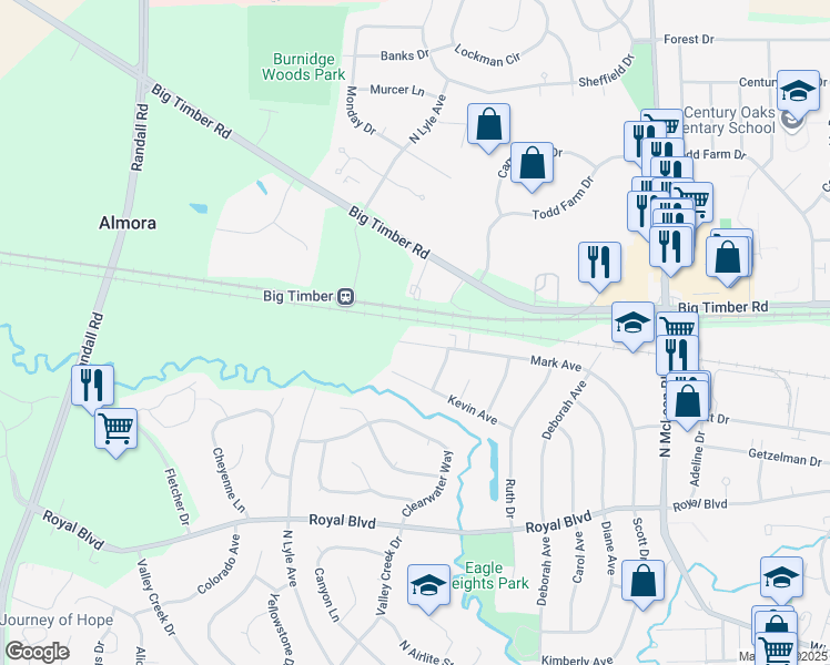map of restaurants, bars, coffee shops, grocery stores, and more near 1879 Mark Avenue in Elgin