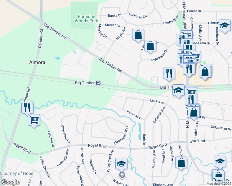 map of restaurants, bars, coffee shops, grocery stores, and more near 1950 Kevin Avenue in Elgin