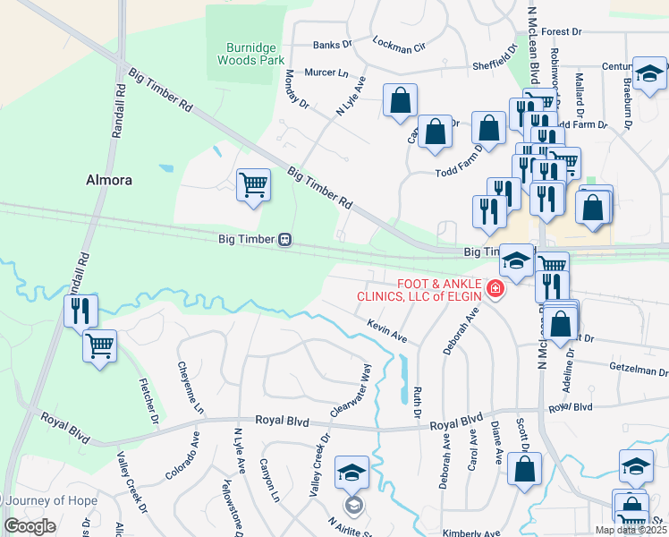 map of restaurants, bars, coffee shops, grocery stores, and more near 1950 Kevin Avenue in Elgin