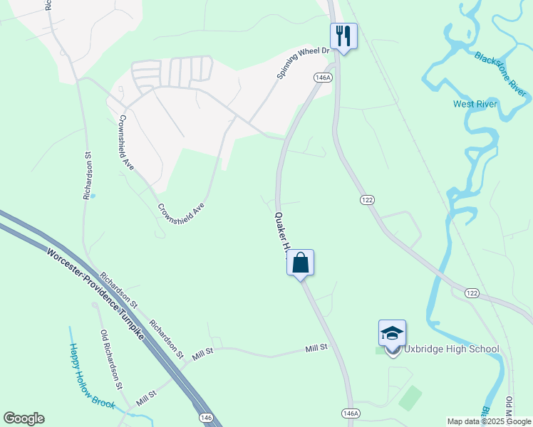 map of restaurants, bars, coffee shops, grocery stores, and more near 129 Quaker Highway in Uxbridge