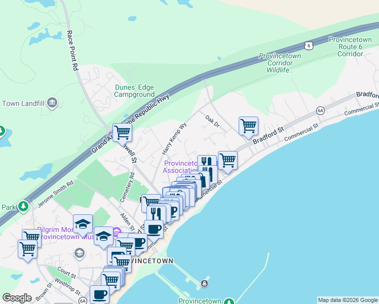 map of restaurants, bars, coffee shops, grocery stores, and more near 7 Miller Hill Road in Provincetown