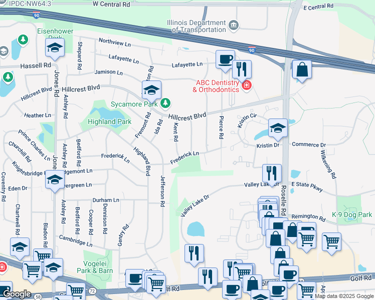 map of restaurants, bars, coffee shops, grocery stores, and more near 345 Frederick Lane in Hoffman Estates