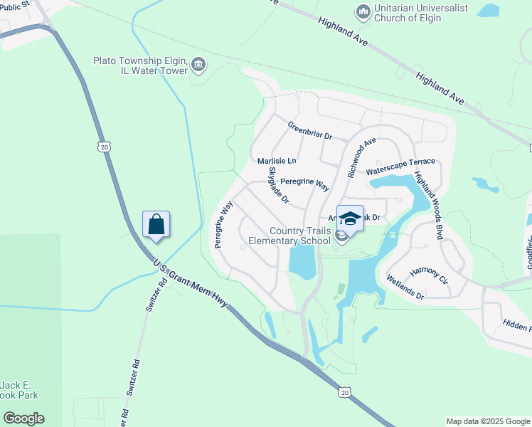 map of restaurants, bars, coffee shops, grocery stores, and more near 3678 Broadleaf Avenue in Elgin