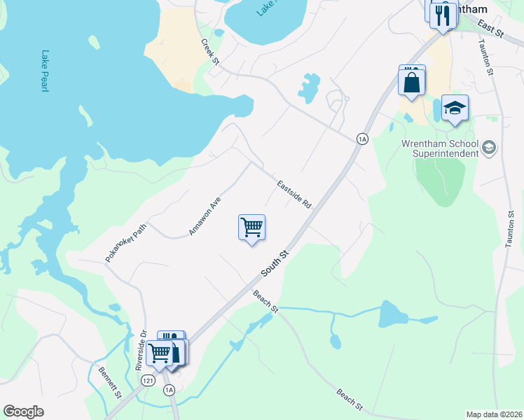 map of restaurants, bars, coffee shops, grocery stores, and more near 7 Earle Stewart Lane in Wrentham