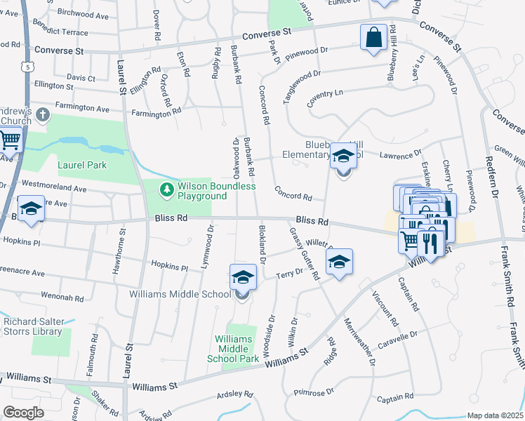 map of restaurants, bars, coffee shops, grocery stores, and more near 285 Burbank Road in Longmeadow