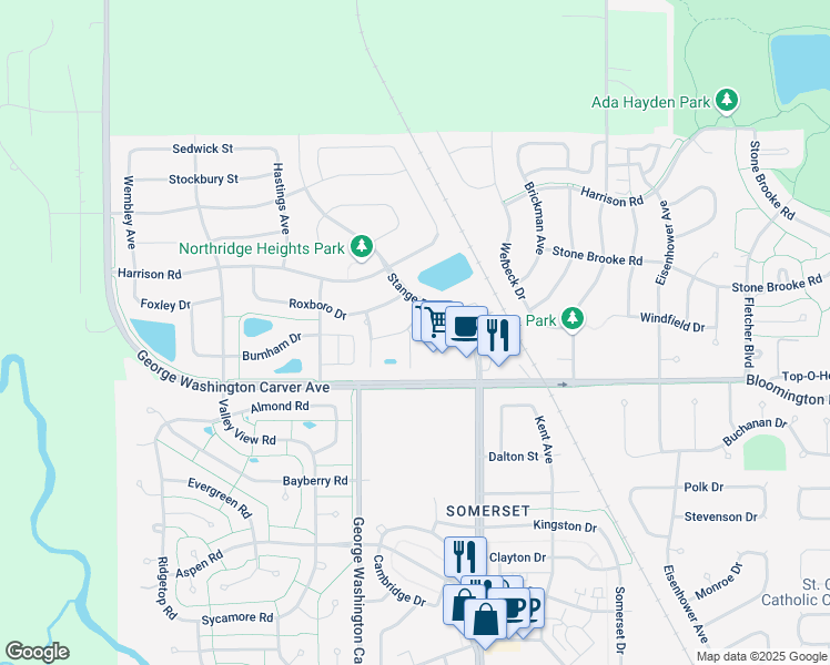 map of restaurants, bars, coffee shops, grocery stores, and more near 2808 Roxboro Drive in Ames