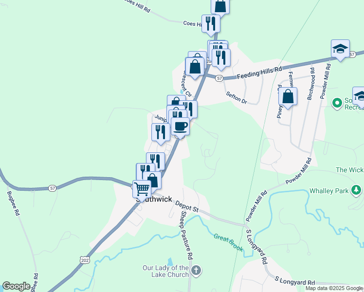 map of restaurants, bars, coffee shops, grocery stores, and more near 534 College Highway in Southwick
