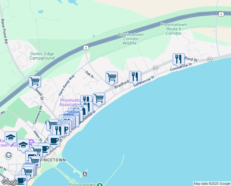 map of restaurants, bars, coffee shops, grocery stores, and more near 493 Commercial Street in Provincetown