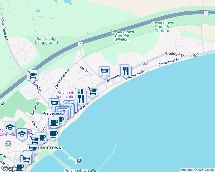 map of restaurants, bars, coffee shops, grocery stores, and more near 212 Bradford Street in Provincetown