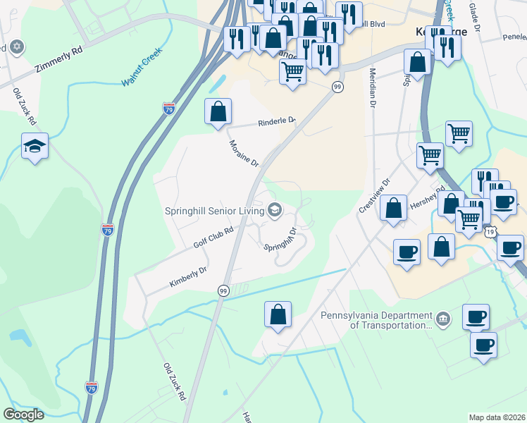 map of restaurants, bars, coffee shops, grocery stores, and more near 5855 Edinboro Road in Erie