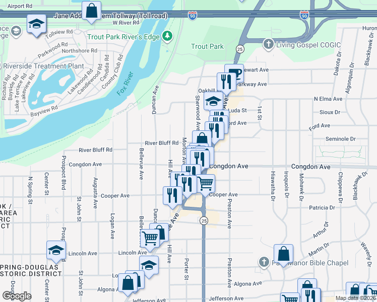 map of restaurants, bars, coffee shops, grocery stores, and more near 530 River Bluff Road in Elgin