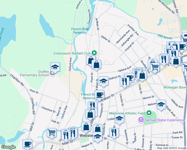 map of restaurants, bars, coffee shops, grocery stores, and more near 103 North Main Street in Webster