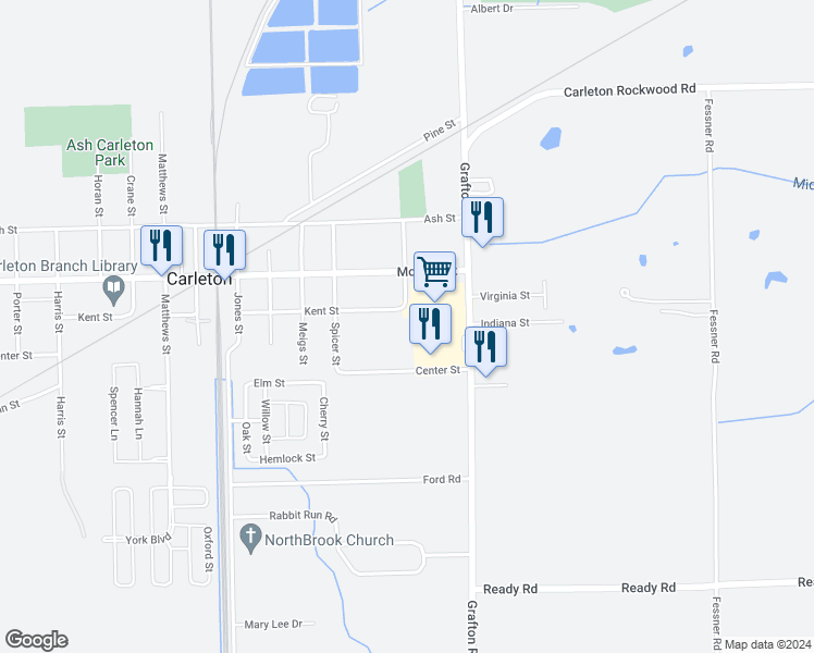 map of restaurants, bars, coffee shops, grocery stores, and more near 12599 Grafton Road in Carleton