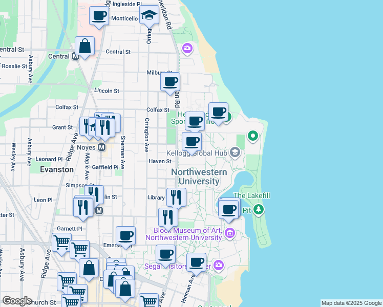 map of restaurants, bars, coffee shops, grocery stores, and more near in Evanston