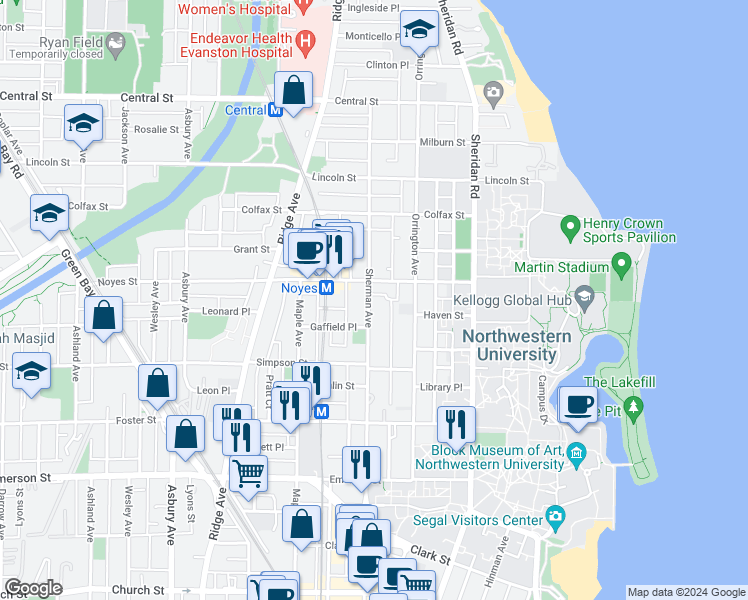 map of restaurants, bars, coffee shops, grocery stores, and more near in Evanston