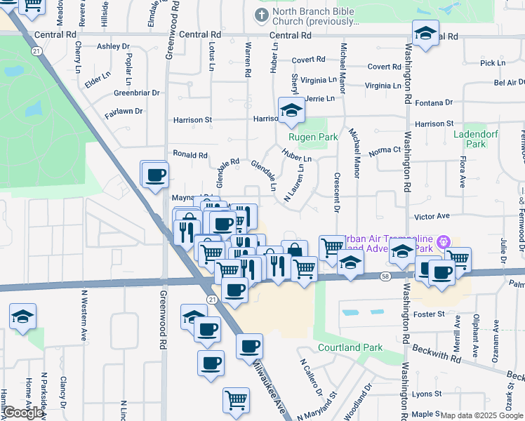 map of restaurants, bars, coffee shops, grocery stores, and more near 8334 West Maynard Road in Niles