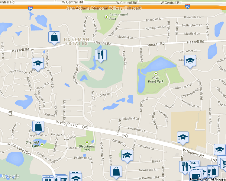 map of restaurants, bars, coffee shops, grocery stores, and more near 1492 Della Drive in Hoffman Estates