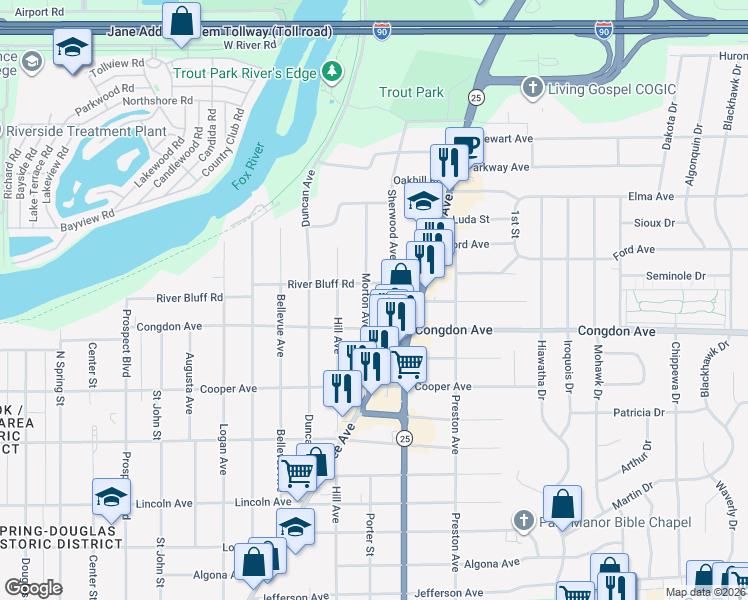 map of restaurants, bars, coffee shops, grocery stores, and more near 530 River Bluff Road in Elgin