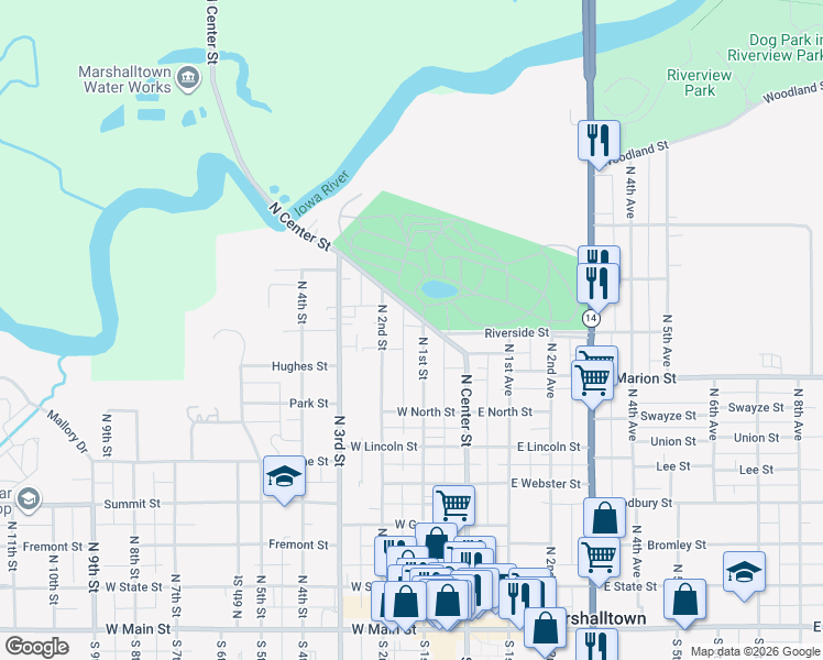 map of restaurants, bars, coffee shops, grocery stores, and more near 722-798 North Center Street in Marshalltown