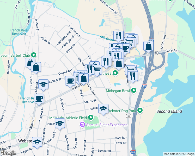 map of restaurants, bars, coffee shops, grocery stores, and more near 107 East Main Street in Webster