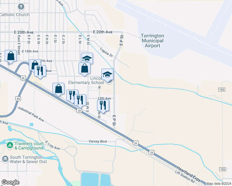 map of restaurants, bars, coffee shops, grocery stores, and more near 1309 East P Street in Torrington