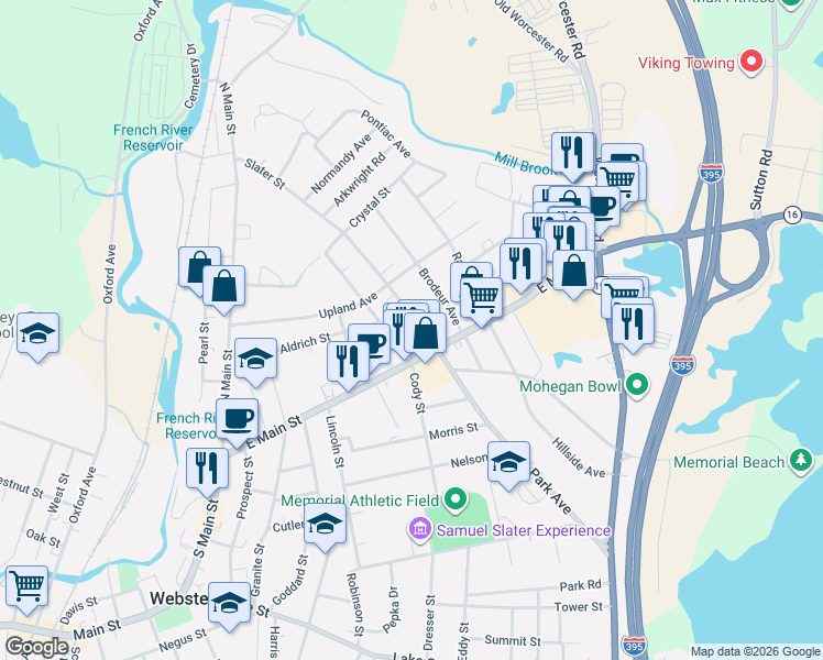 map of restaurants, bars, coffee shops, grocery stores, and more near 14 Slater Street in Webster